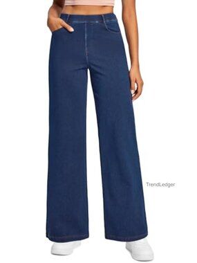 Wide Leg Pull On Jeans for Women Stretchy High Rise Denim Style 5 Pocket